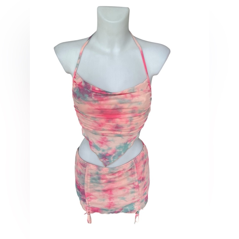 New Pink 2 Piece Tie Dye Set Halter Scarf Top & Skirt Ruched Bottom Size Large